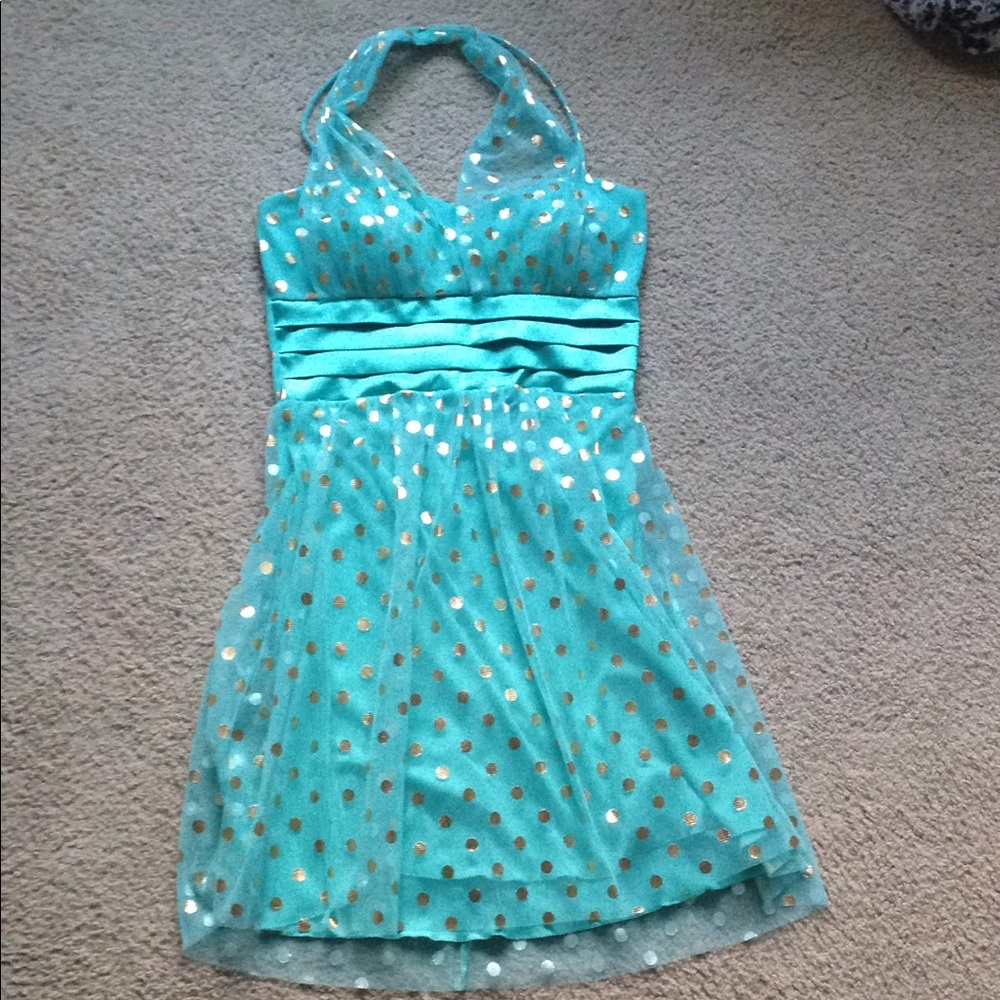 Teal and Gold Polka Dot Tool Formal Dress
